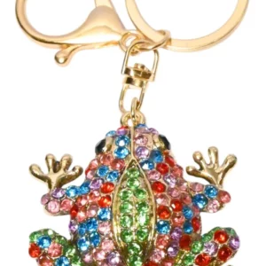Porte-clés doré avec une grenouille décorée de pierres fantaisie multicolores