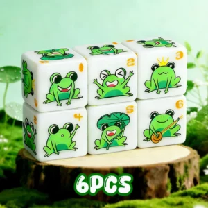 Lot de six dés à six faces illustrés de grenouilles vertes, présentés ensemble