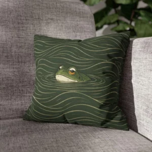 Housse de coussin carrée vert foncé avec une grenouille aux grands yeux entourée de lignes ondulées, posée sur un canapé gris