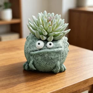 Pot vert arrondi en résine en forme de grenouille aux yeux blancs, présentant une plante succulente