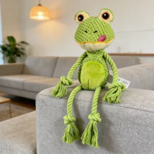 Jouet pour chien en forme de grenouille verte, avec ventre clair et longues pattes en corde tressée