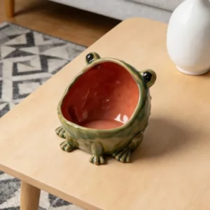 Bol vide-poche en céramique figurant une grenouille vert olive à l’intérieur corail, vu de face