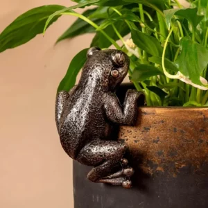 Figurine brun bronze en forme de grenouille accrochée au rebord d’un pot en terre cuite