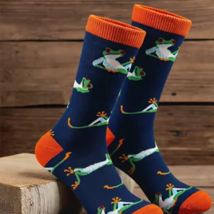 Paire de chaussettes bleu marine avec grenouilles illustrées et détails orange