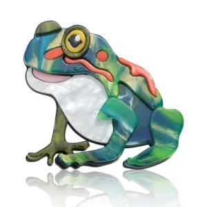Broche grenouille turquoise et verte en acrylique sur fond blanc