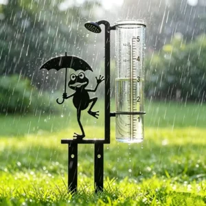 Pluviomètre de jardin avec une grenouille tenant un parapluie à côté d’un tube gradué, sur fond de jardin