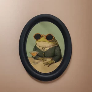Cadre ovale noir présentant une grenouille élégante en lunettes rondes avec un verre à cocktail