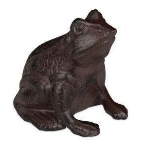 Figurine de grenouille assise, brun patiné, vue de face sur fond blanc